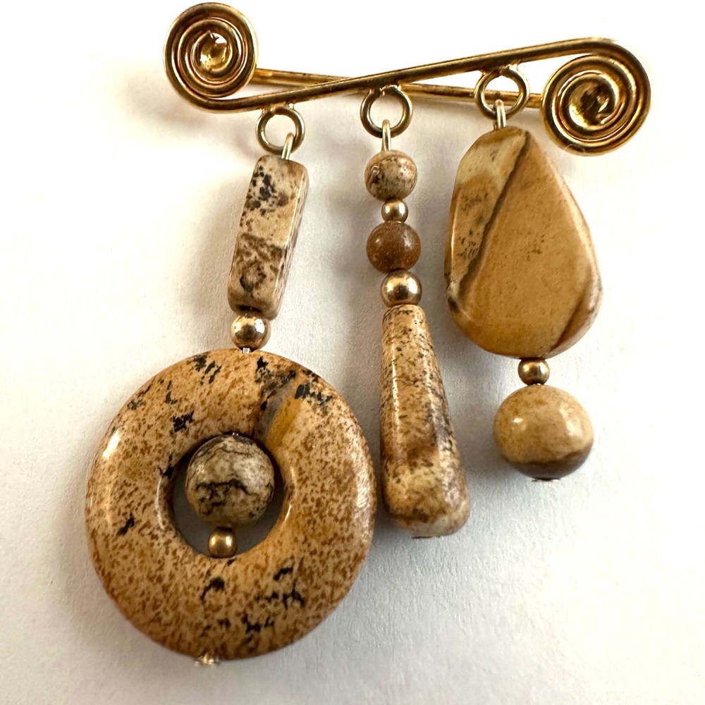 VTG Decorative Pin Brooch With Bohemian Neutral Color Beads